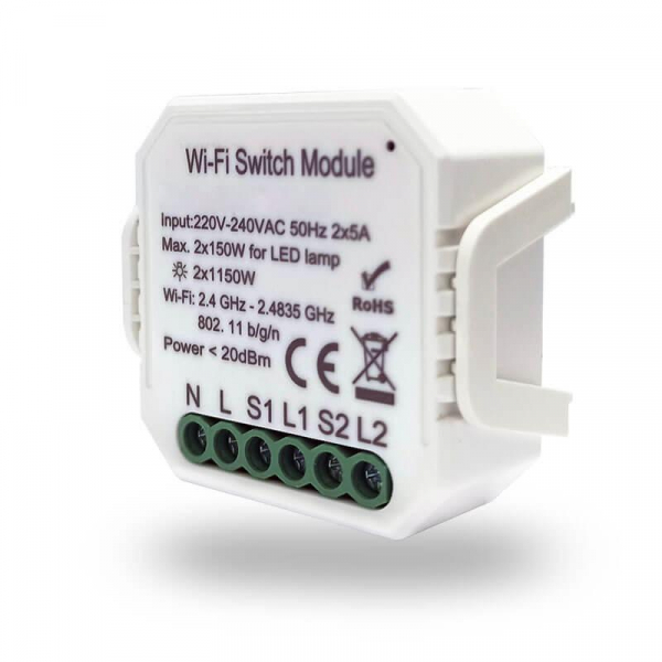Wi-Fi реле-выключатель двухканальное Denkirs 2x1150Вт/150Вт для LED RL1002-SM Wi-Fi реле-выключатель двухканальное Denkirs 2x1150Вт/150Вт для LED RL1002-SM