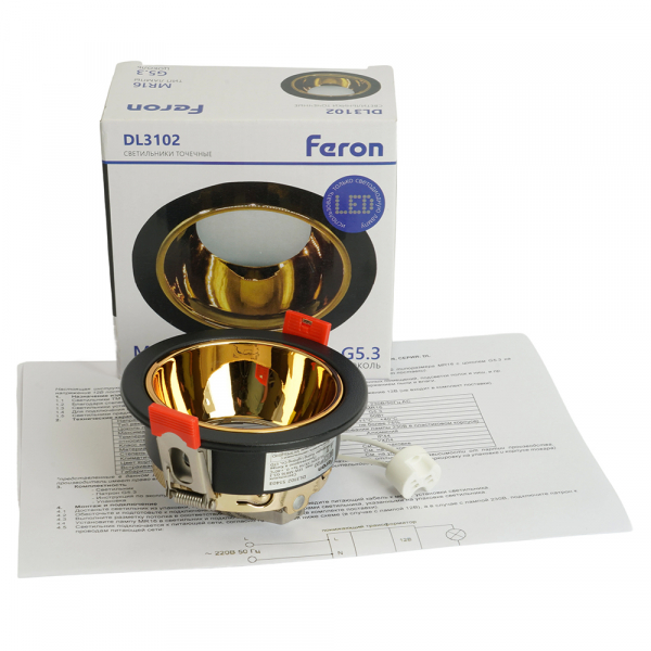 Светильник встраиваемый Feron DL3102 потолочный MR16 G5.3 черный + золото 51403 Светильник встраиваемый Feron DL3102 потолочный MR16 G5.3 черный + золото 51403