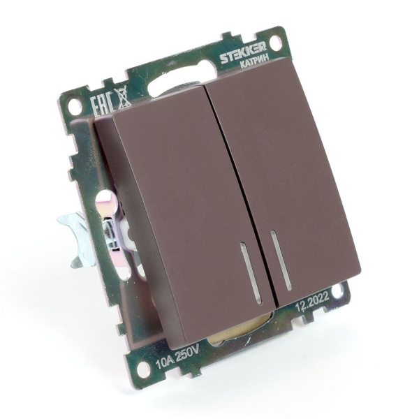 Выключатель двухклавишный Stekker Катрин с подсветкой шоколад GLS10-7102-04 49021