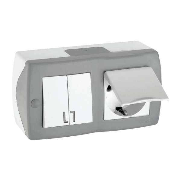 Выключатель - розетка Mono Electric Octans IP20 двухклавишный - 2К+З с крышкой бело-серый 104-020001-187 Выключатель - розетка Mono Electric Octans IP20 двухклавишный - 2К+З с крышкой бело-серый 104-020001-187