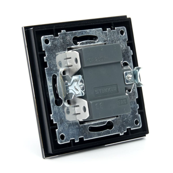 Выключатель 2-клавишный c индикатором Stekker GLS10-7002-05, 250В, 10А Катрин, черный 39504