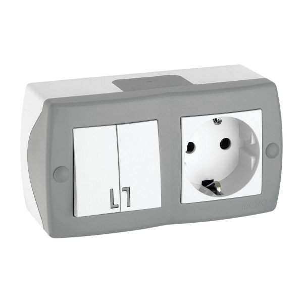 Выключатель - розетка Mono Electric Octans IP20 двухклавишный - 2К+З бело-серый 104-020001-181 Выключатель - розетка Mono Electric Octans IP20 двухклавишный - 2К+З бело-серый 104-020001-181