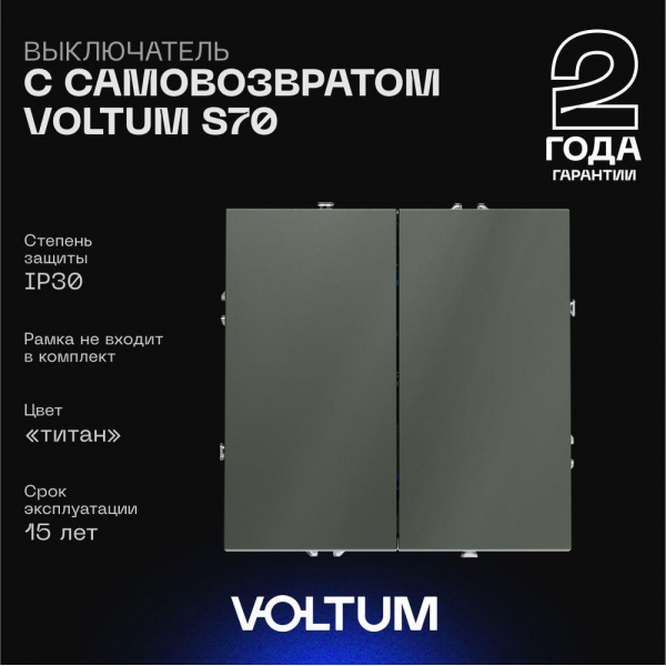 Выключатель с самовозвратом встраиваемый Voltum S70 двухклавишный 10А, (титан) VLS020606