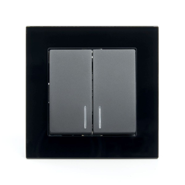 Выключатель 2-клавишный c индикатором Stekker GLS10-7002-05, 250В, 10А Катрин, черный 39504