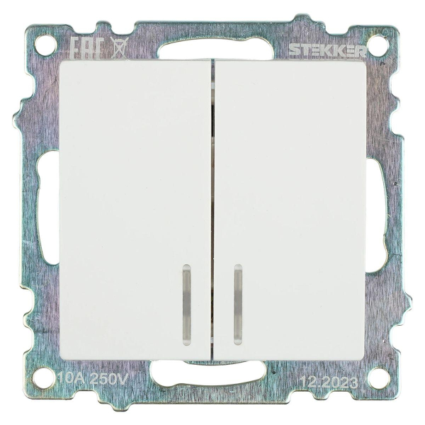 Выключатель двухклавишный Stekker Катрин с подсветкой белый GLS10-7102-01 39301