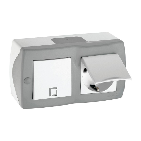 Выключатель - розетка Mono Electric Octans IP20 одноклавишный - 2К+З с крышкой бело-серый 104-020001-183 Выключатель - розетка Mono Electric Octans IP20 одноклавишный - 2К+З с крышкой бело-серый 104-020001-183