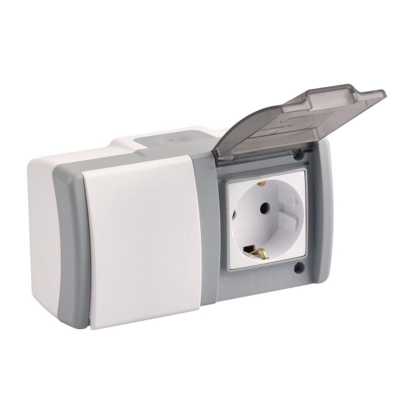 Выключатель - розетка Mono Electric Octans IP54 одноклавишный - 2К+З бело-серый 154-020001-180 Выключатель - розетка Mono Electric Octans IP54 одноклавишный - 2К+З бело-серый 154-020001-180