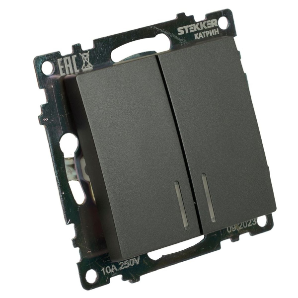 Выключатель двухклавишный Stekker Катрин с подсветкой графит GLS10-7102-06 49409