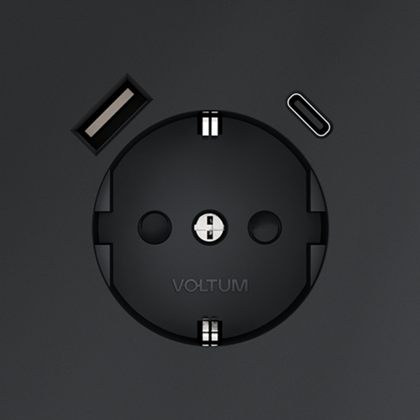 Розетка встраиваемая VOLTUM S70 с заземлением и защитными шторками, 16А, с USB, A+С, (графит) Розетка встраиваемая VOLTUM S70 с заземлением и защитными шторками, 16А, с USB, A+С, (графит)