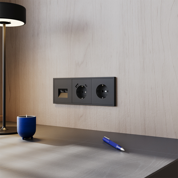Розетка встраиваемая VOLTUM S70 с заземлением и защитными шторками, 16А, с USB, A+С, (черный матовый Розетка встраиваемая VOLTUM S70 с заземлением и защитными шторками, 16А, с USB, A+С, (черный матовый
