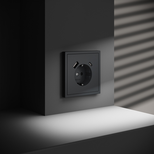 Розетка встраиваемая VOLTUM S70 с заземлением и защитными шторками, 16А, с USB, A+С, (графит) Розетка встраиваемая VOLTUM S70 с заземлением и защитными шторками, 16А, с USB, A+С, (графит)
