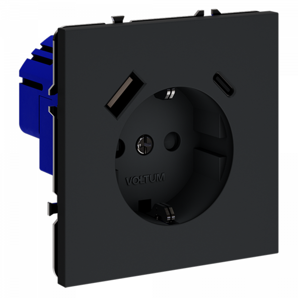 Розетка встраиваемая VOLTUM S70 с заземлением и защитными шторками, 16А, с USB, A+С, (графит) Розетка встраиваемая VOLTUM S70 с заземлением и защитными шторками, 16А, с USB, A+С, (графит)